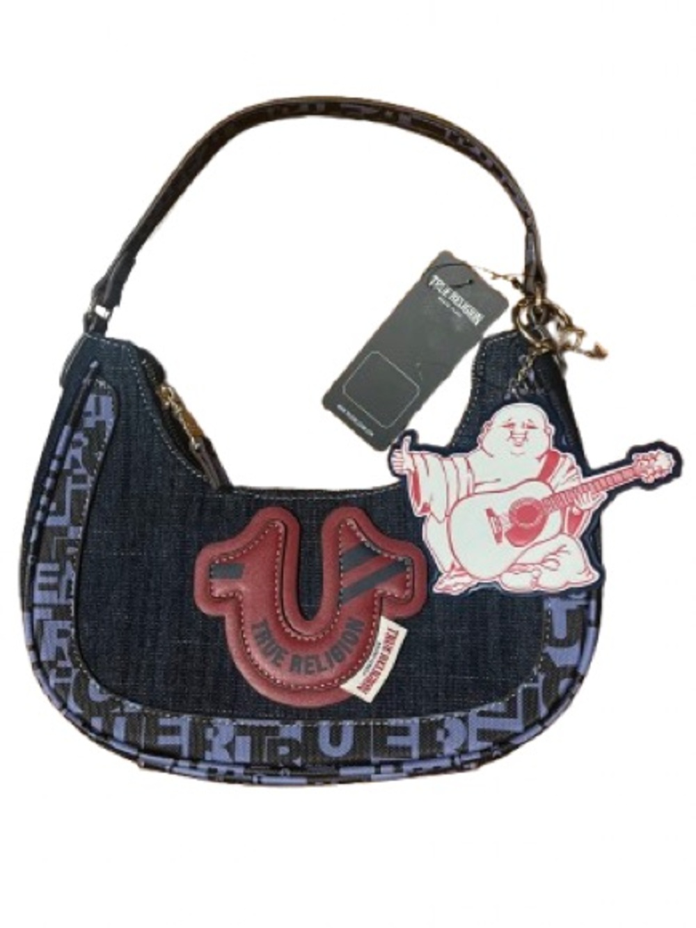 NWT True Religion Denim Shoulder Bag with Red Crest and Two Charms